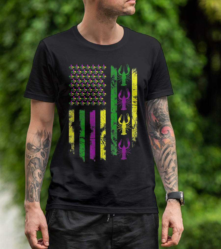 Mardi Gras Fleur-de-Lis Crawfish Flag In Purple Green Gold T-Shirt