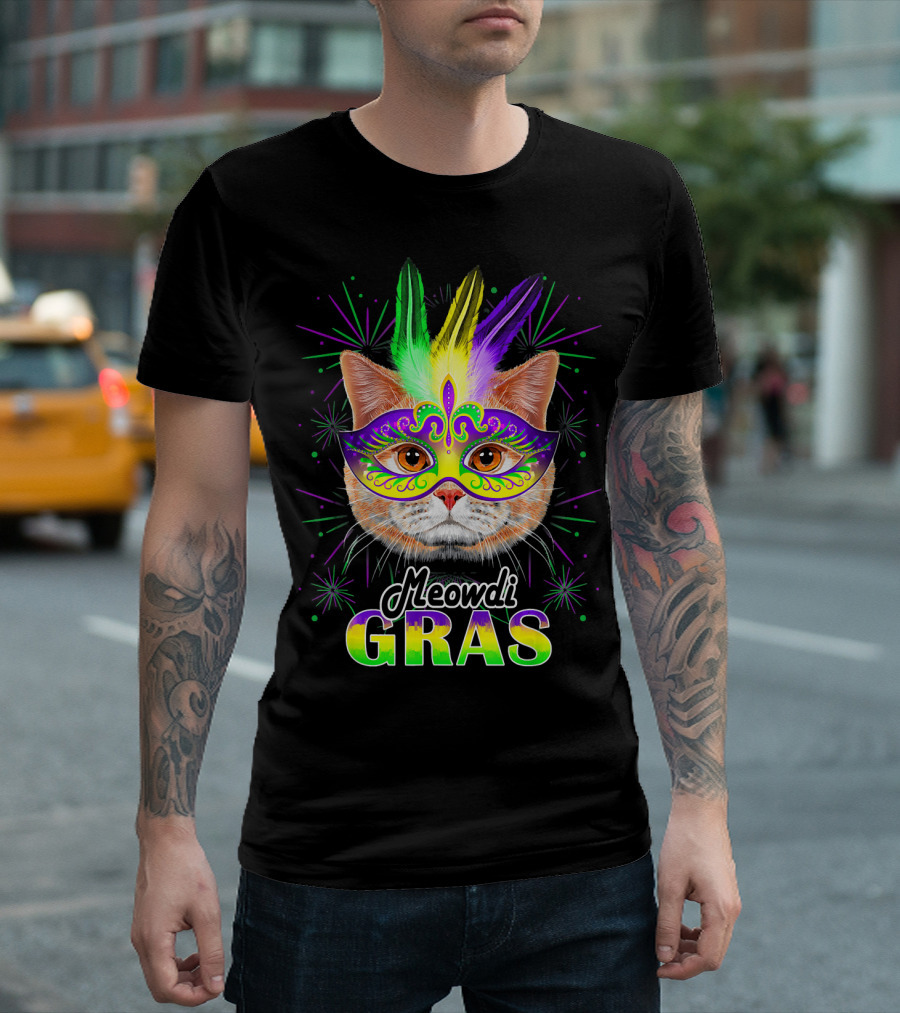 Meowdi Gras Mardi Gras Cat With Colorful Mask And Feathers T-Shirt