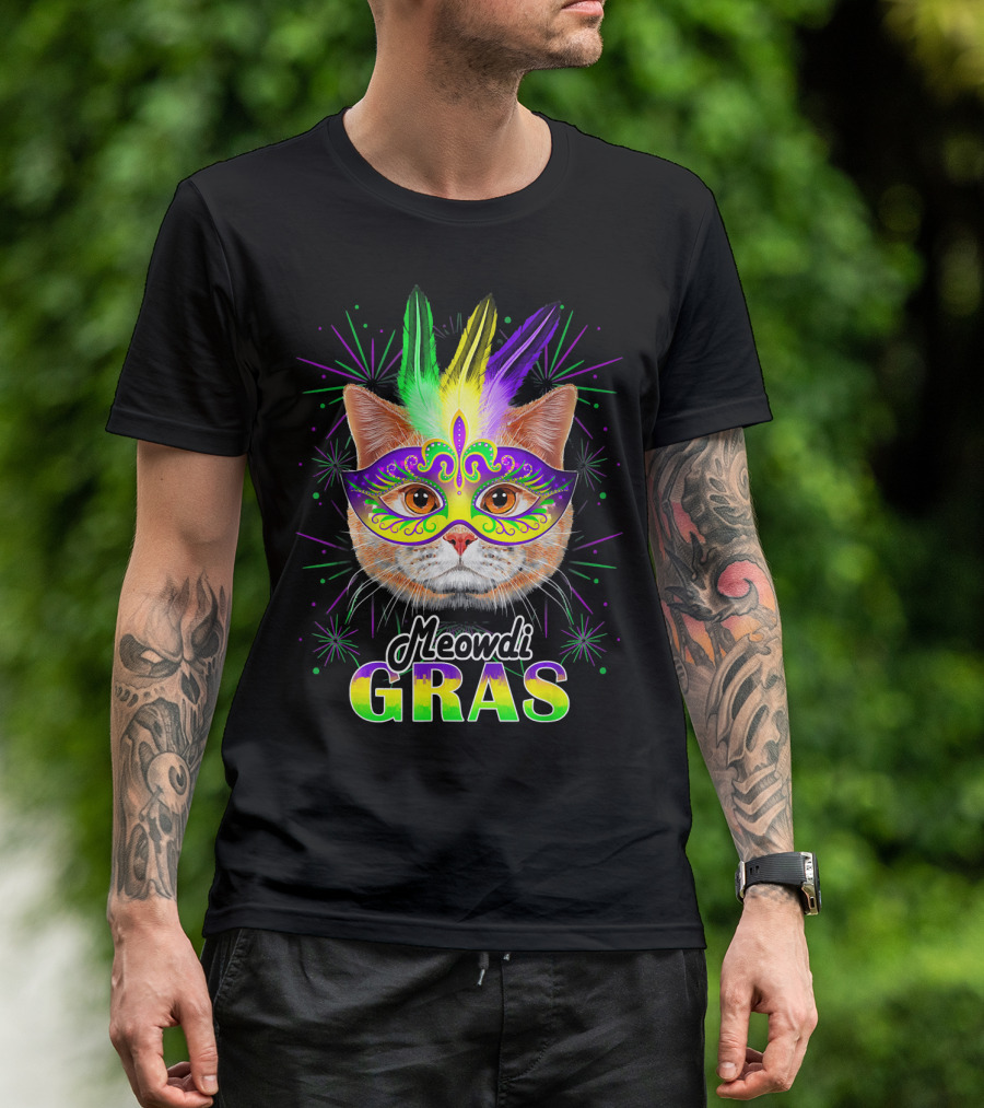 Meowdi Gras Mardi Gras Cat With Colorful Mask And Feathers T-Shirt