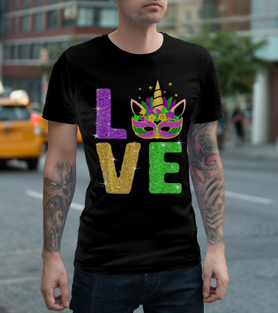 Unicorn Masquerade Mask Mardi Gras Love T-Shirt