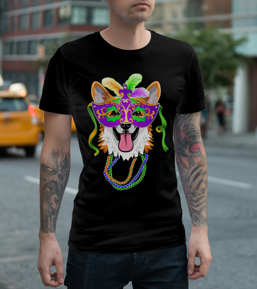 Mardi Gras Corgi Mask with Colorful Beads and Feathers T-Shirt