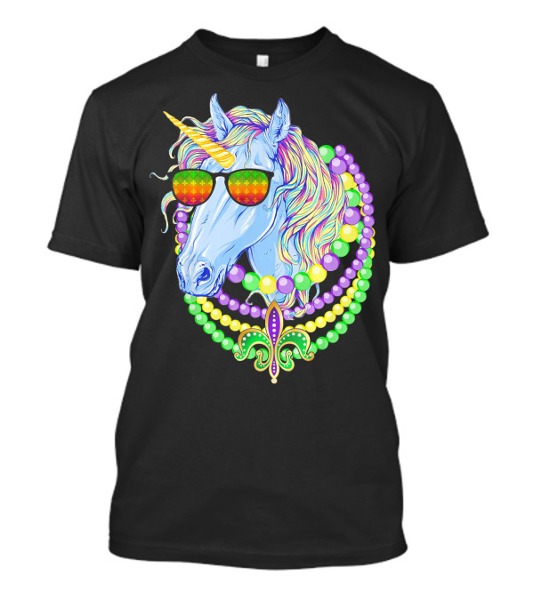 Unicorn With Sunglasses And Colorful Beads Featuring Fleur-de-Lis For Mardi Gras T-Shirt