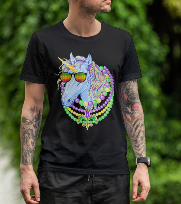 Unicorn With Sunglasses And Colorful Beads Featuring Fleur-de-Lis For Mardi Gras T-Shirt