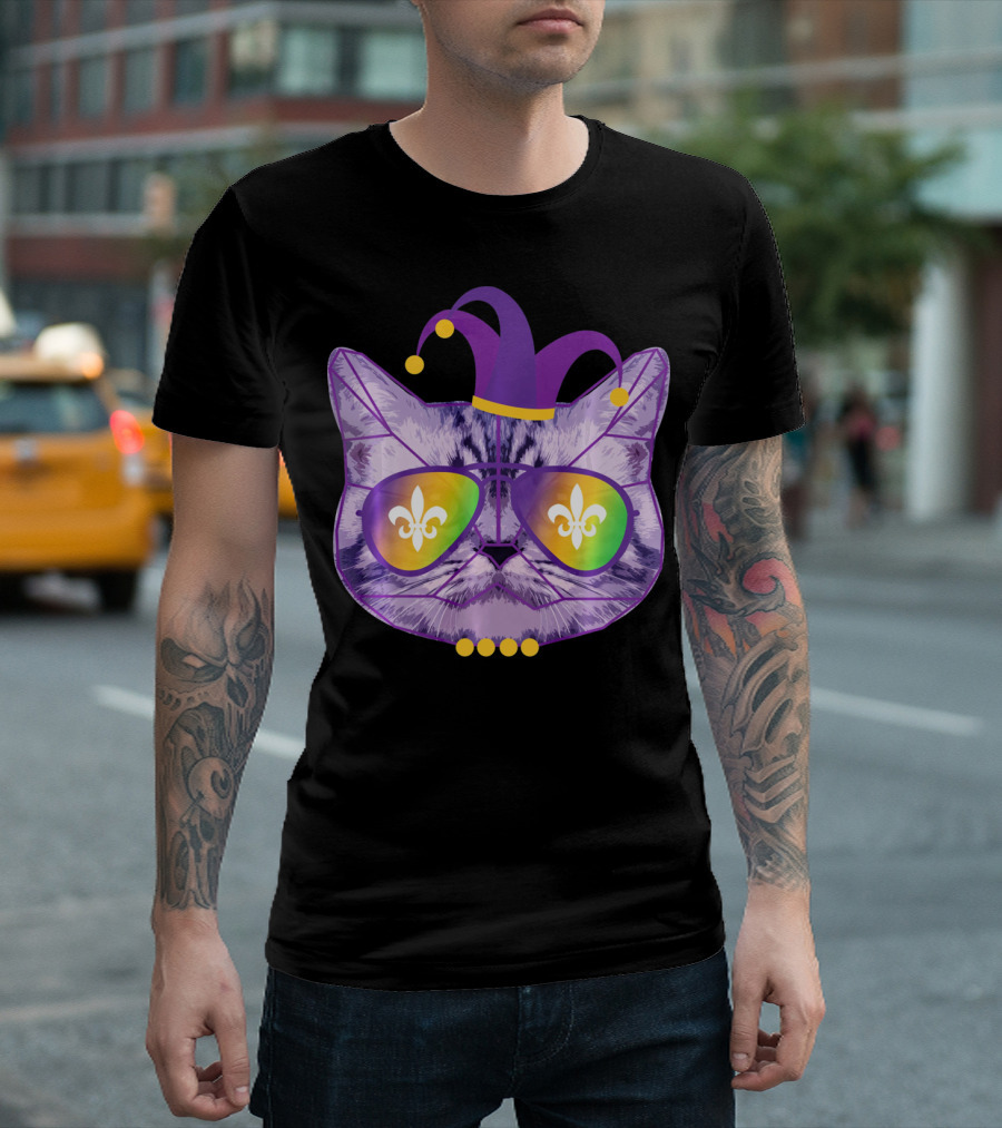 Funny Cat Jester Mask Sunglasses Cat Lover Fleur-de-lis T-Shirt