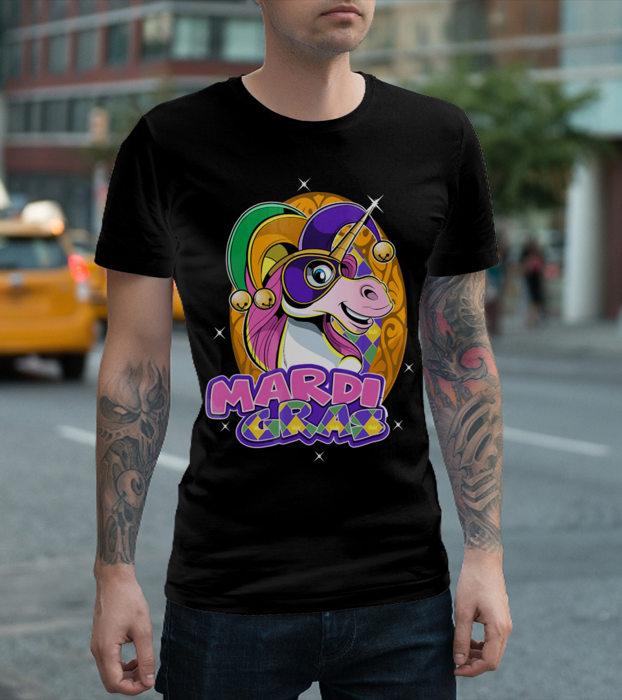 Mardi Gras Unicorn With Jester Hat And Masquerade Mask T-Shirt