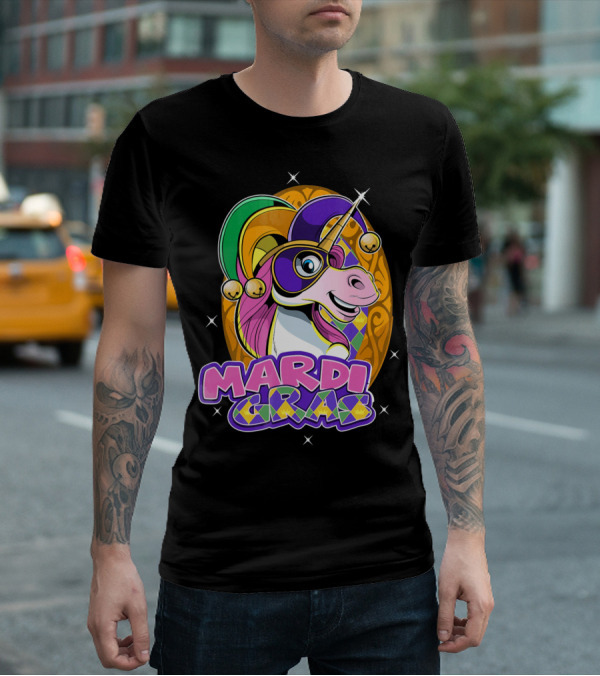 Mardi Gras Unicorn With Jester Hat And Masquerade Mask T-Shirt