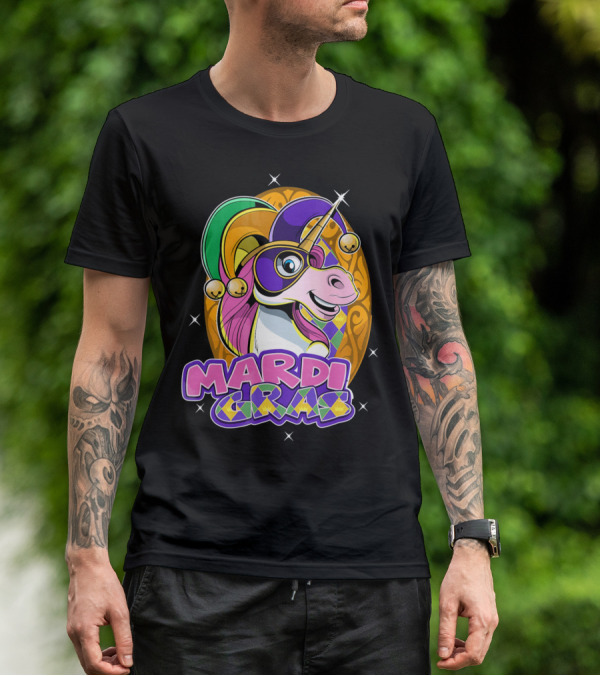 Mardi Gras Unicorn With Jester Hat And Masquerade Mask T-Shirt