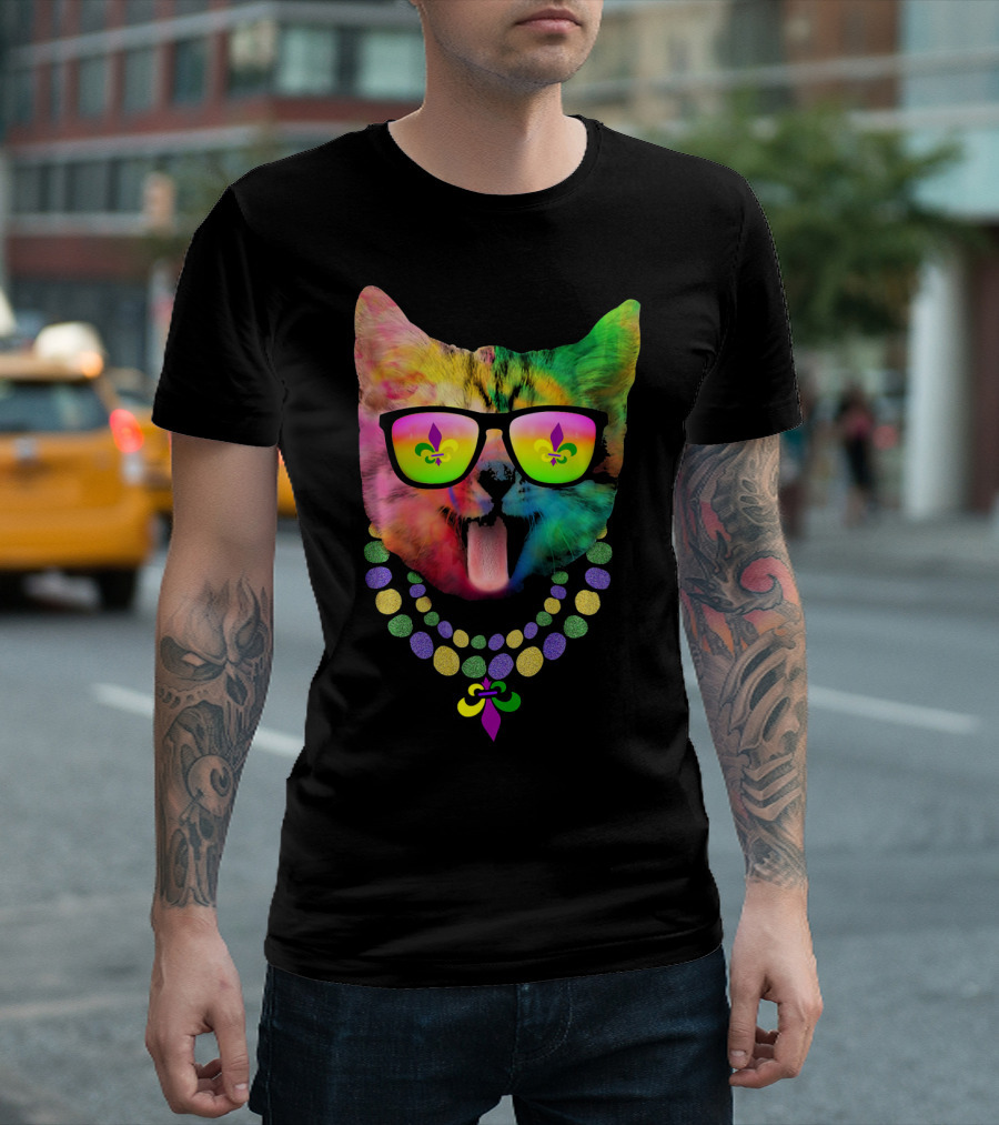 Cool Cat Mardi Gras Costume With Colorful Beads And Sunglasses Fleur-de-Lis T-Shirt