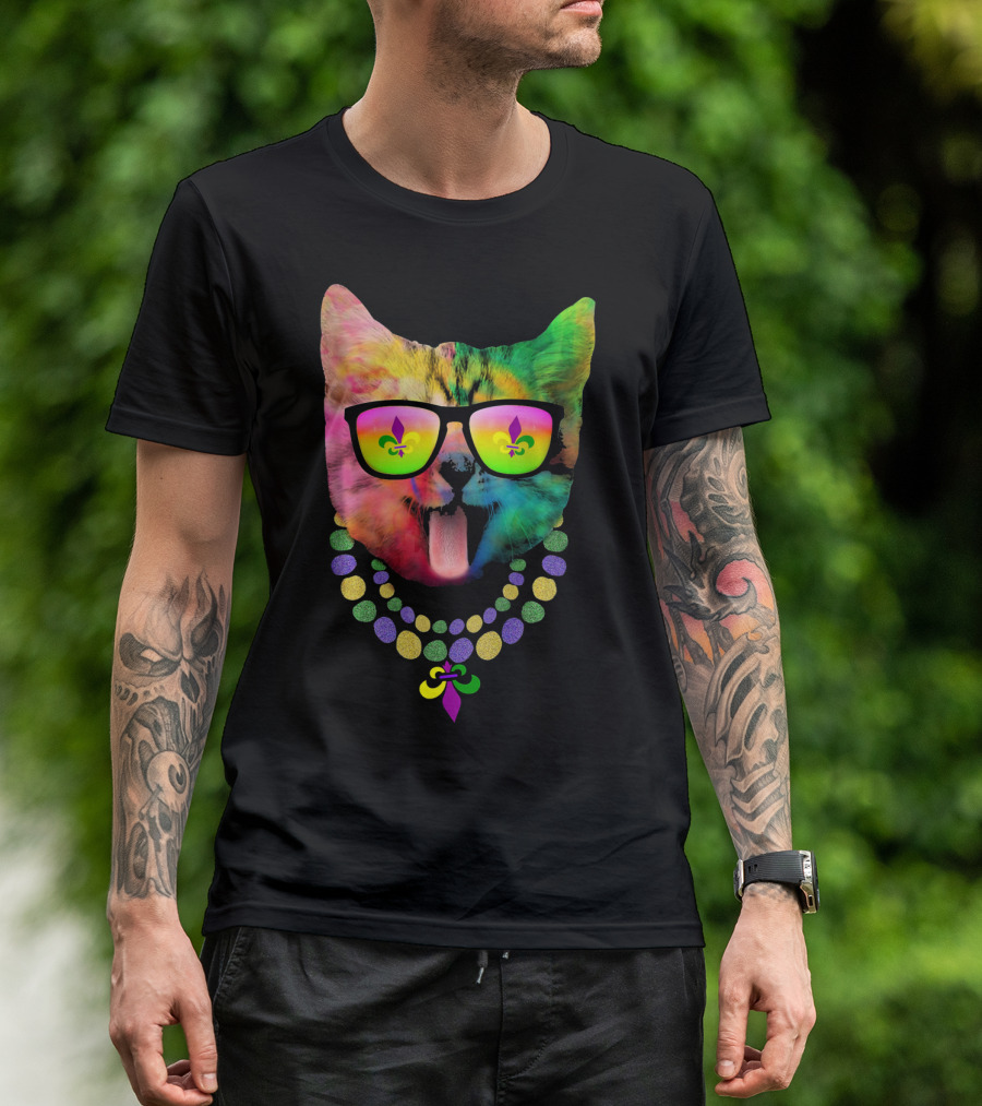 Cool Cat Mardi Gras Costume With Colorful Beads And Sunglasses Fleur-de-Lis T-Shirt