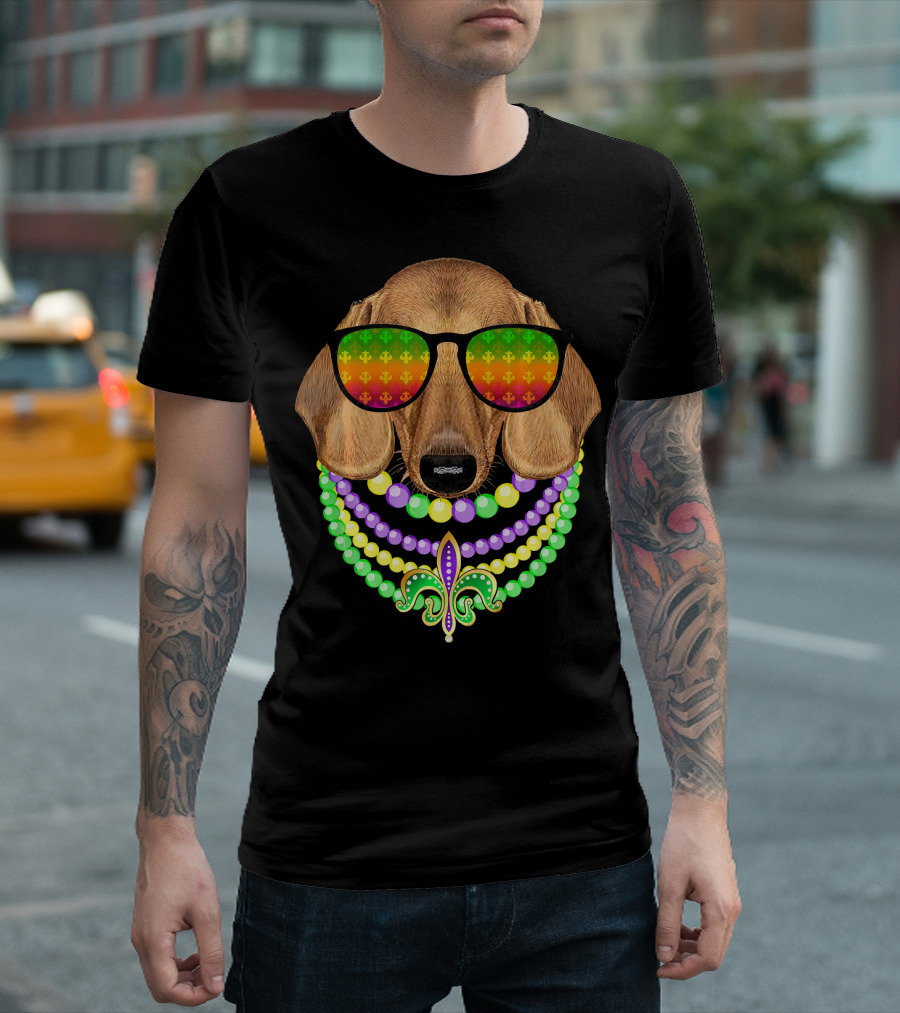 Mardi Gras Dachshund Beads Fleur-de-Lis Sunglasses T-Shirt