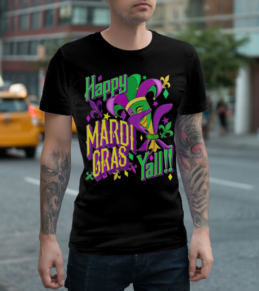 Happy Mardi Gras Yall Jester Mask Fleur De Lis T-Shirt
