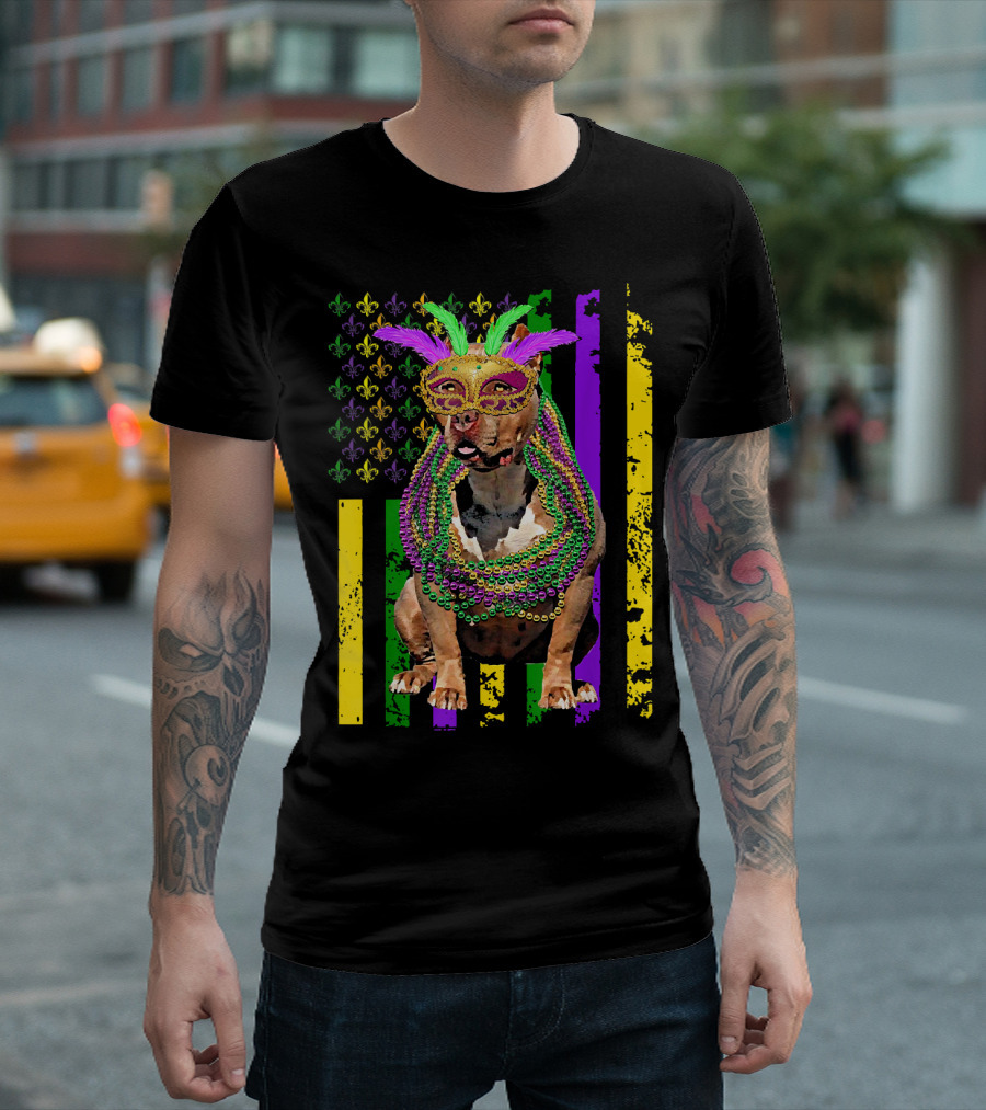 Pitbull Wearing Mardi Gras Beads and Mask with American Flag and Fleur de Lis T-Shirt