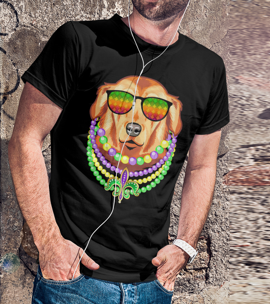 Beads And Golden Retriever Mardi Gras Fleur-de-Lis Colorful Glam Co T-Shirt