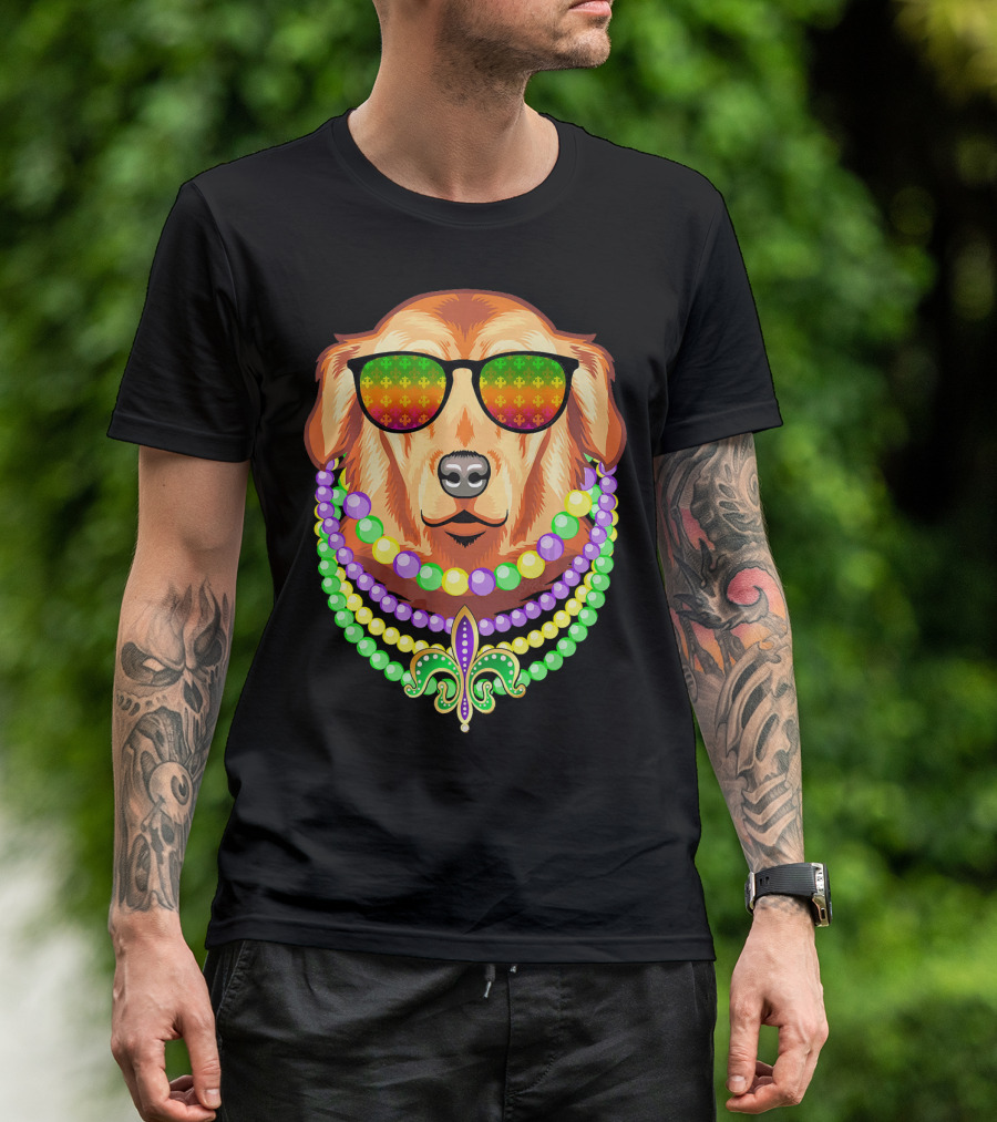 Beads And Golden Retriever Mardi Gras Fleur-de-Lis Colorful Glam Co T-Shirt