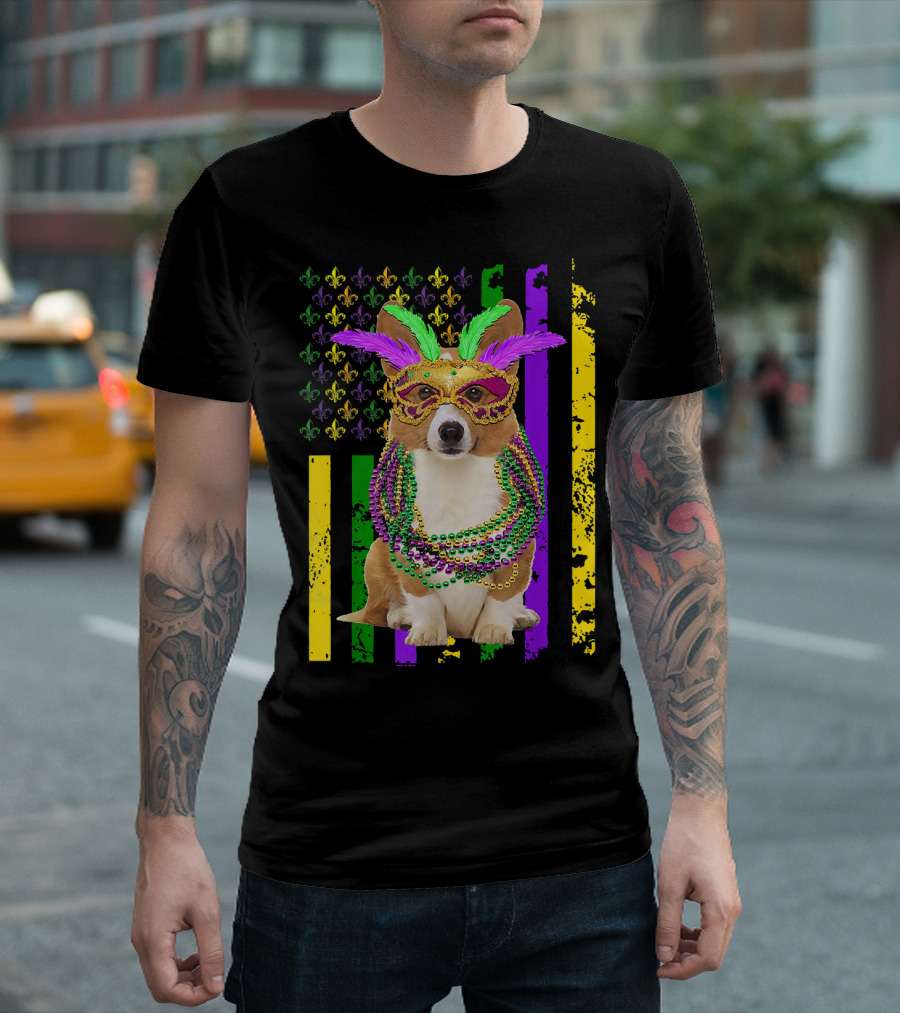 Corgi Mardi Gras American Flag With Beads And Mask T-Shirt