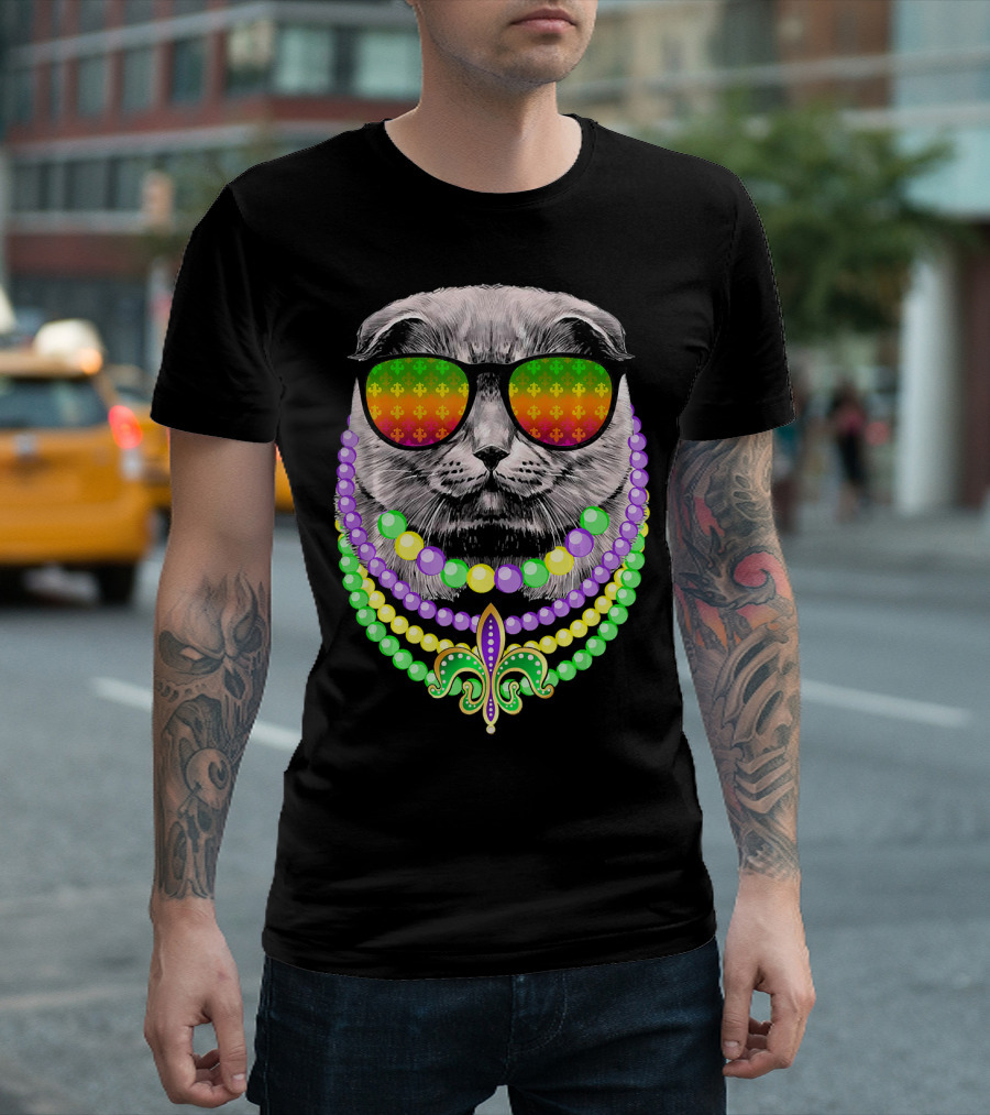 Mardi Gras Cat in Sunglasses with Beads and Fleur-de-Lis T-Shirt
