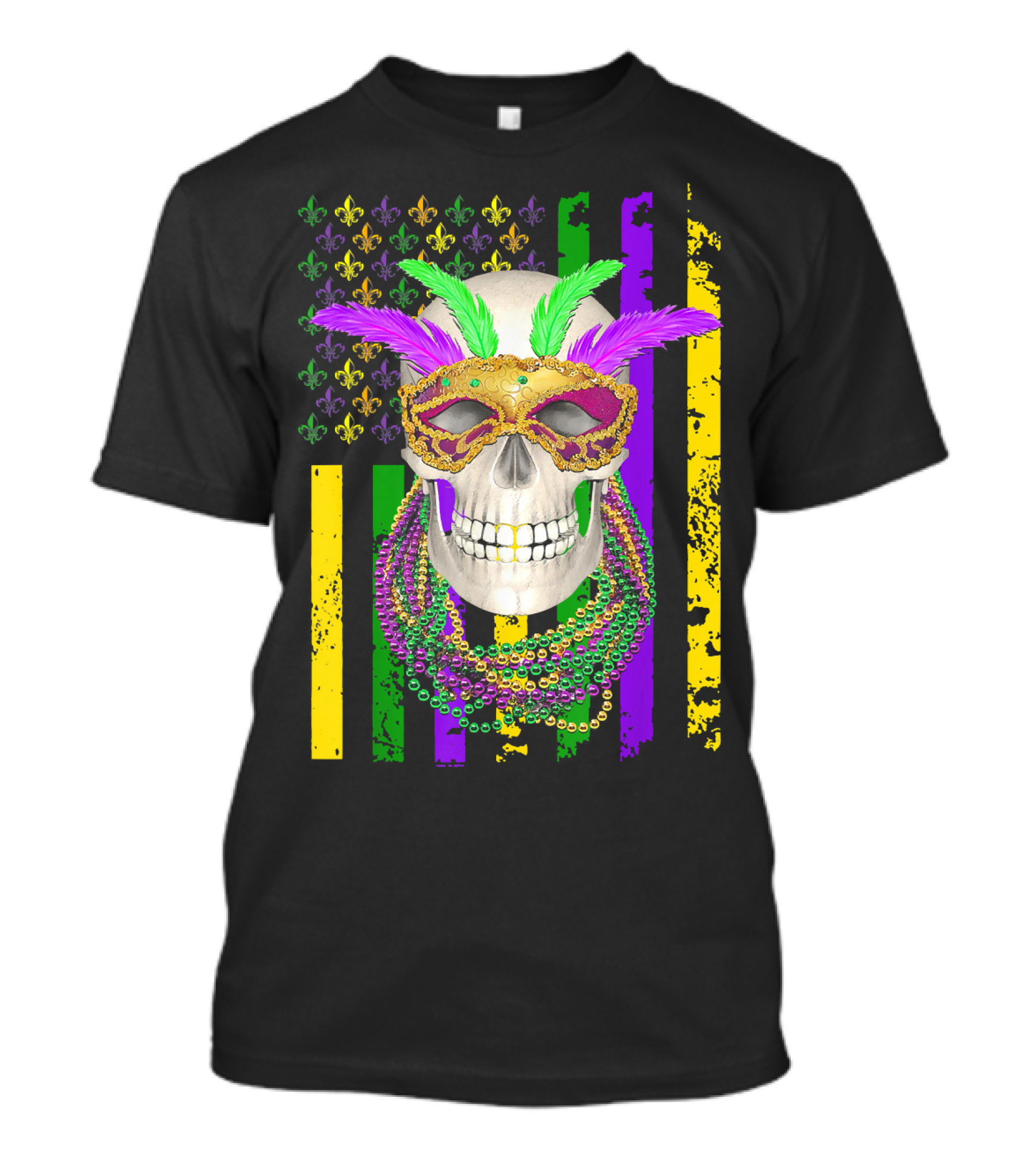 Skull Mardi Gras American Flag Beaded Skull Fleur-de-Lis T-Shirt