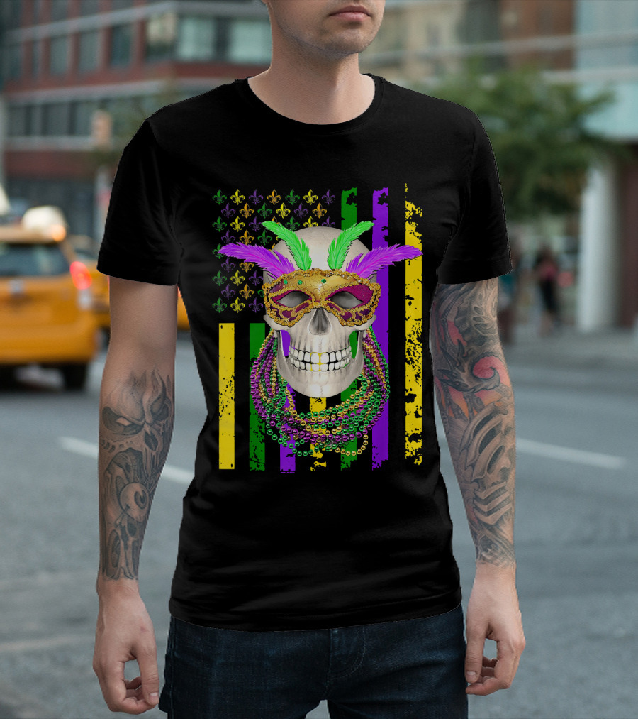 Skull Mardi Gras American Flag Beaded Skull Fleur-de-Lis T-Shirt