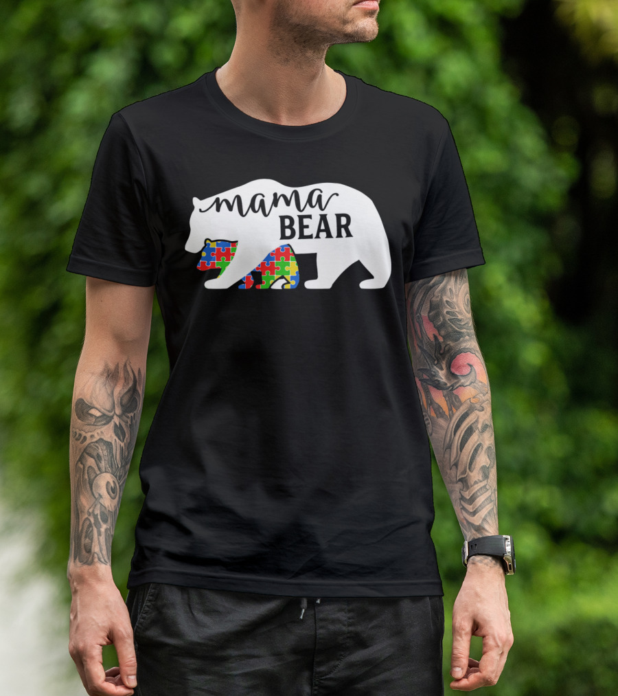 Mama Bear Autism Awareness Month Puzzle Silhouette Fam T-Shirt