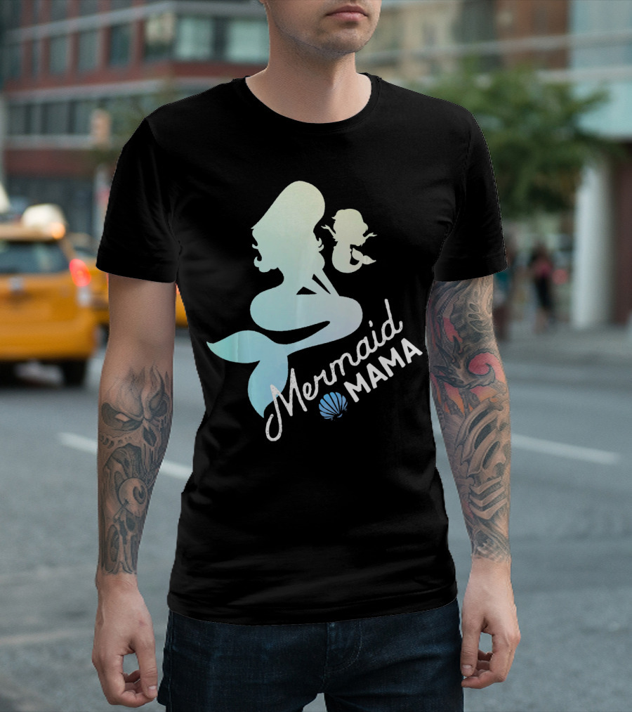 Mermaid Mama Sea Lover with Baby Silhouette and Shell T-Shirt