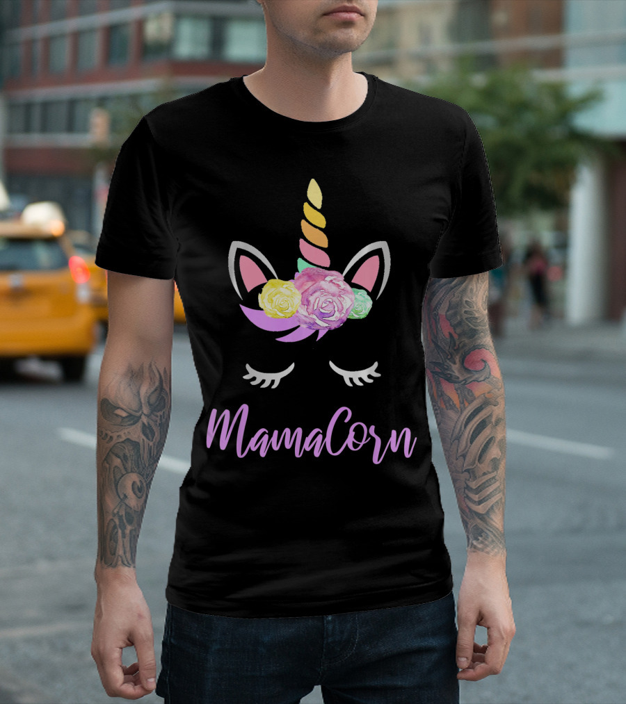 Mamacorn Unicorn Floral Roses Horn Ears and Lashes T-Shirt