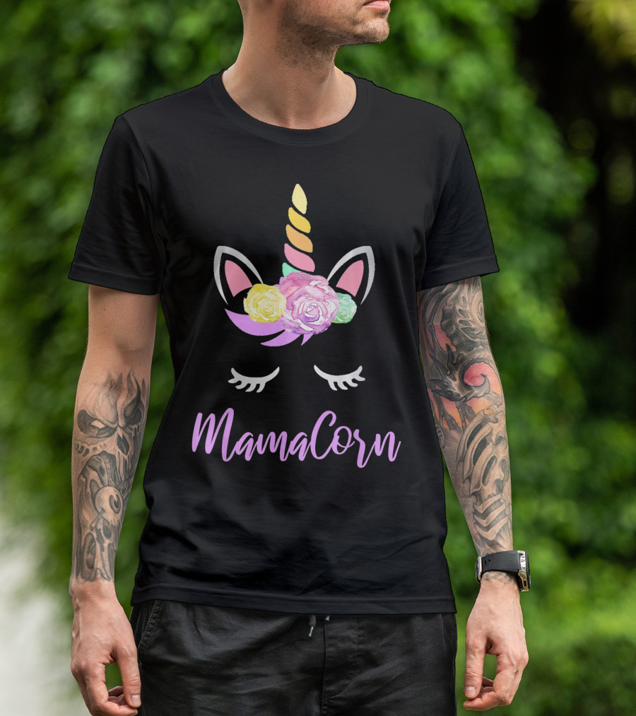 Mamacorn Unicorn Floral Roses Horn Ears And Lashes T-Shirt