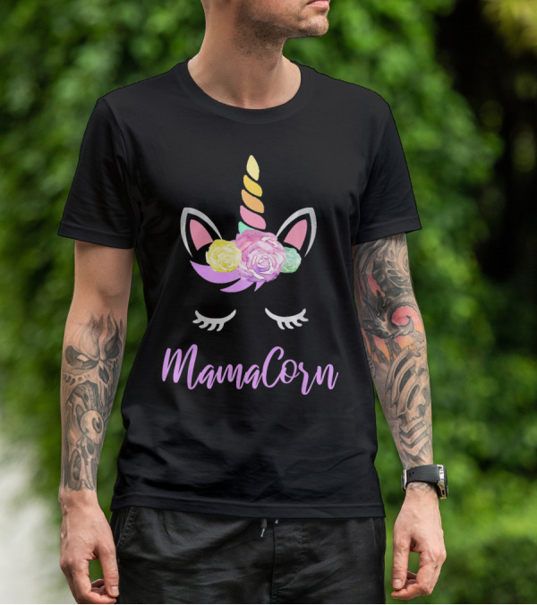Mamacorn Unicorn Floral Roses Horn Ears And Lashes T-Shirt