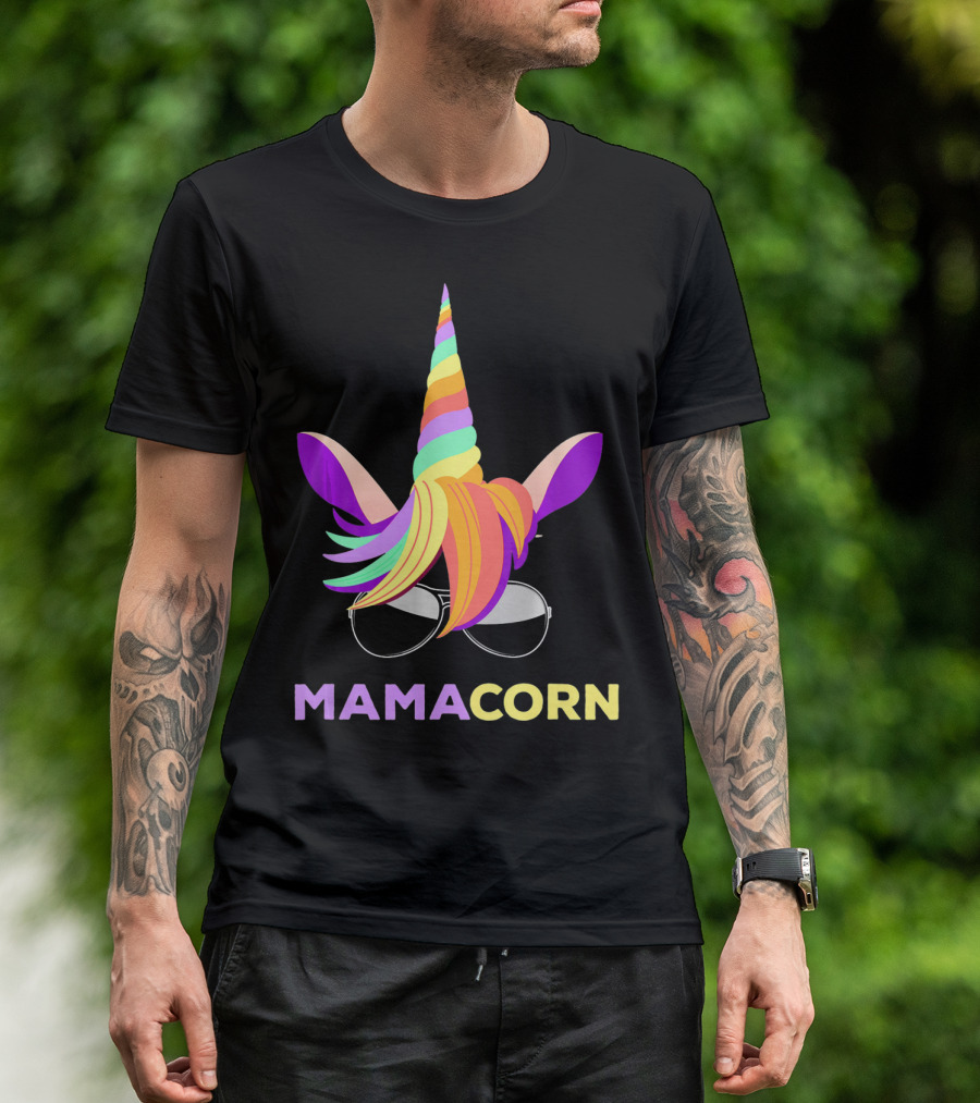 Mamacorn Unicorn Mom With Sunglasses Rainbow Horn T-Shirt