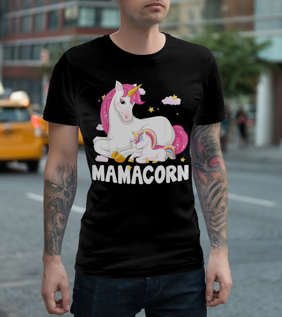 Mamacorn Unicorn New Mom Baby Momm With Stars And Clouds T-Shirt