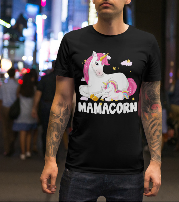 Mamacorn Unicorn New Mom Baby Momm With Stars And Clouds T-Shirt