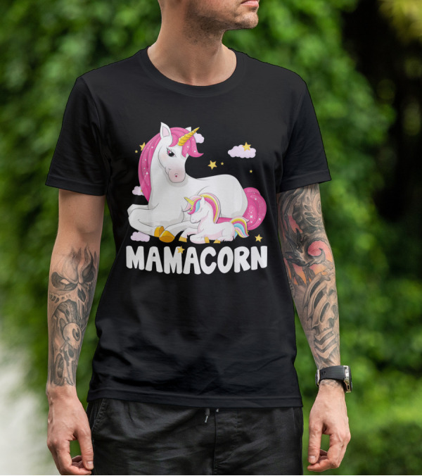 Mamacorn Unicorn New Mom Baby Momm With Stars And Clouds T-Shirt