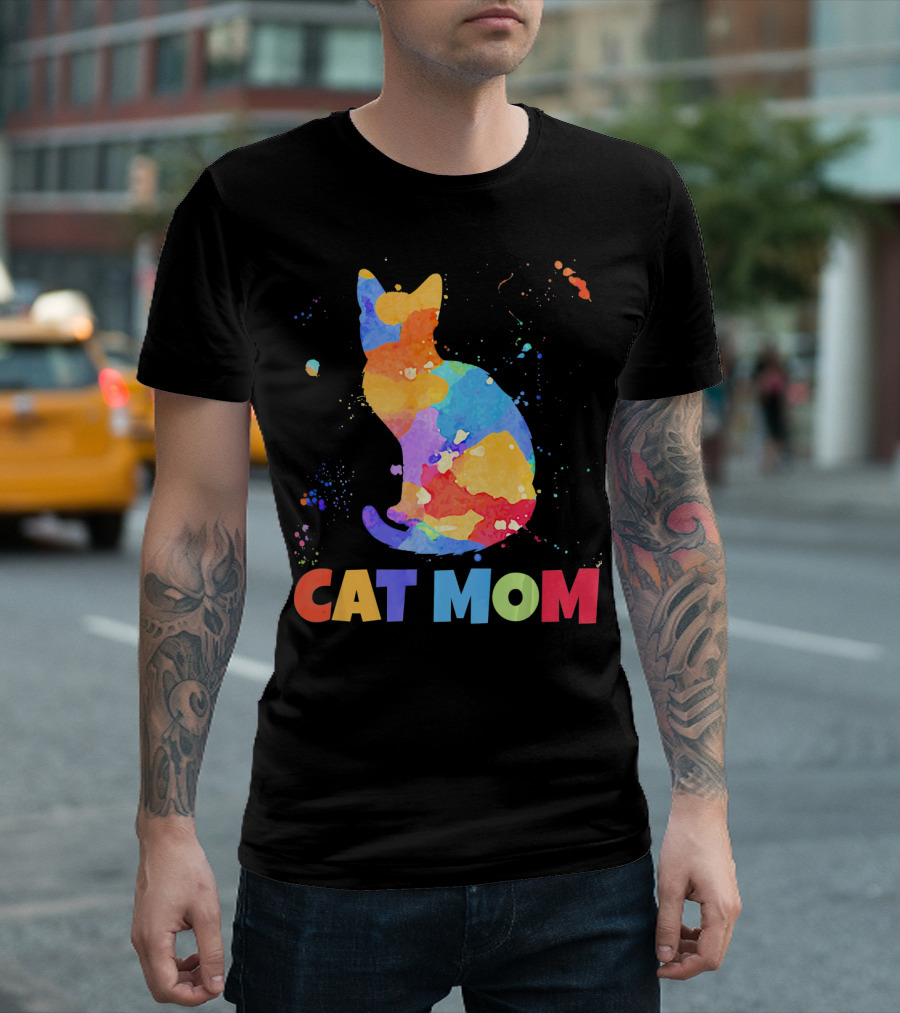 CAT MOM Colorful Watercolor Silhouette with Splash T-Shirt