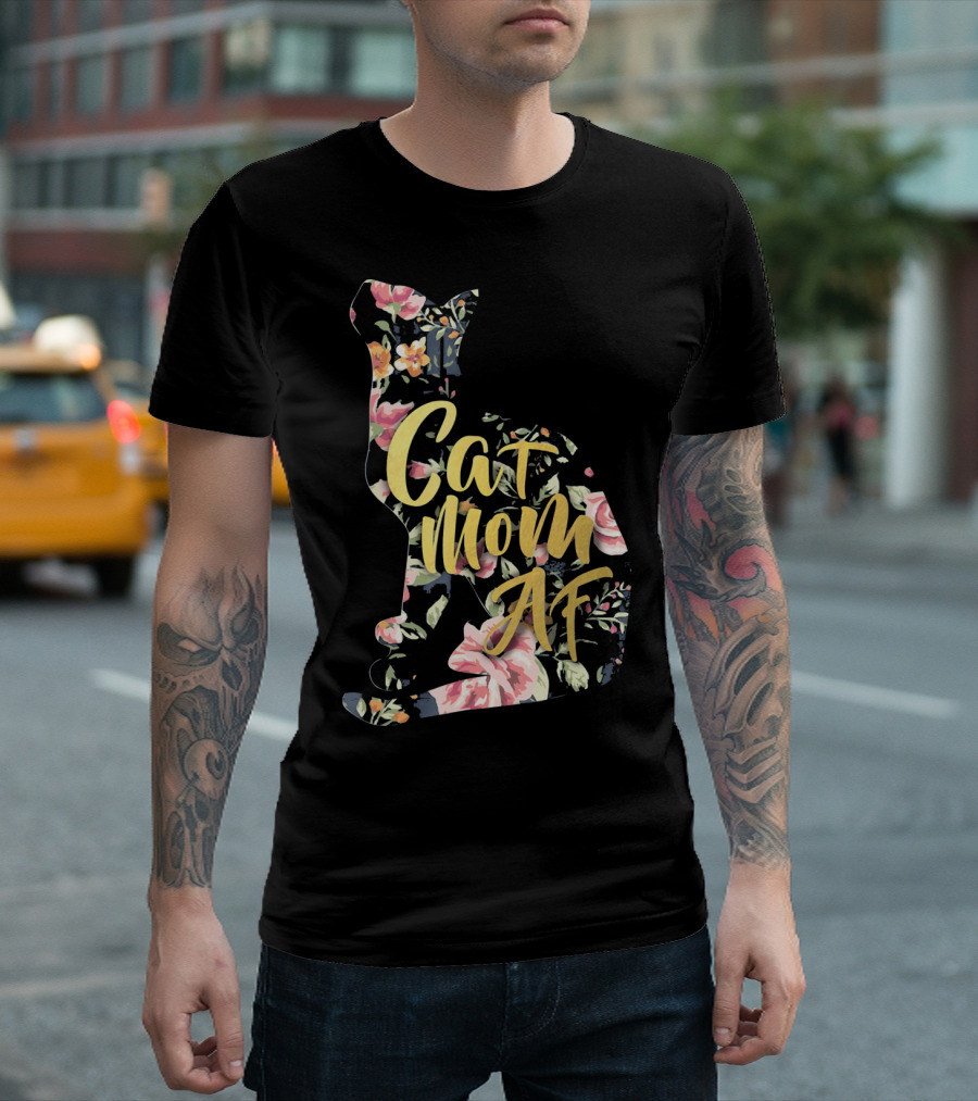 Cat Mom AF Floral Pattern Cat Shape T-Shirt
