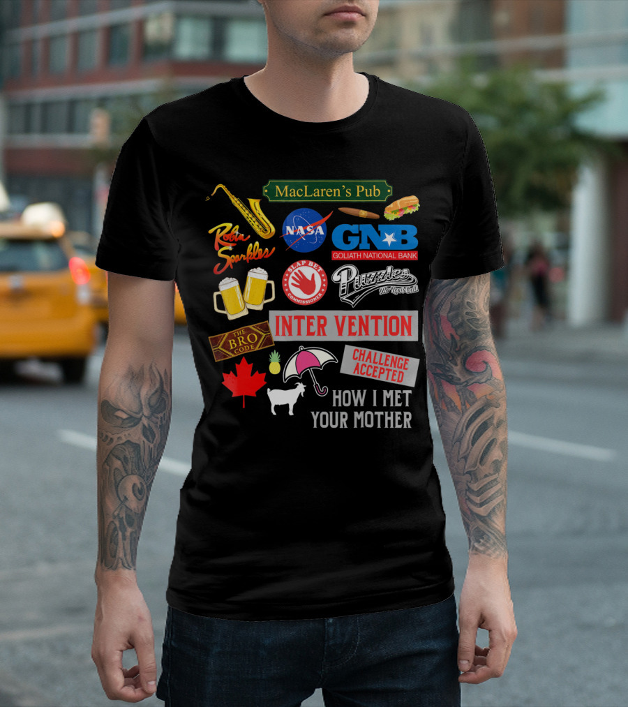 MacLaren's Pub Robin Sparkles Goliath National Bank Puzzles Intervention The Bro Code Challenge Accepted How I Met Your Mother T-Shirt