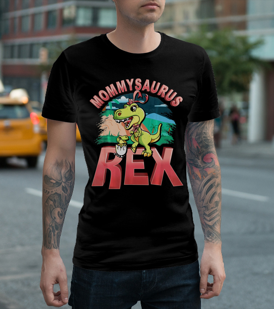Mommysaurus Rex Dinosaur with Baby Egg in Prehistoric Landscape T-Shirt