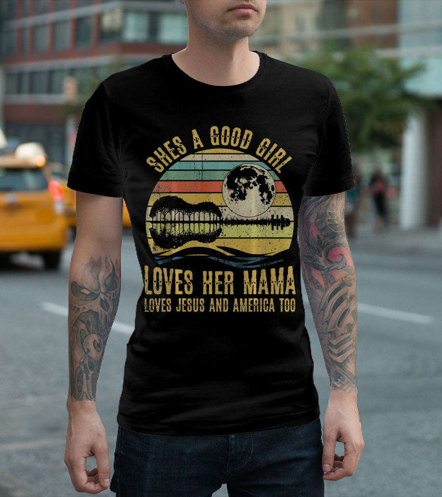She's a Good Girl Loves Her Mama Loves Jesus and America Too Retro Acoustic Guitar Moon T-Shirt