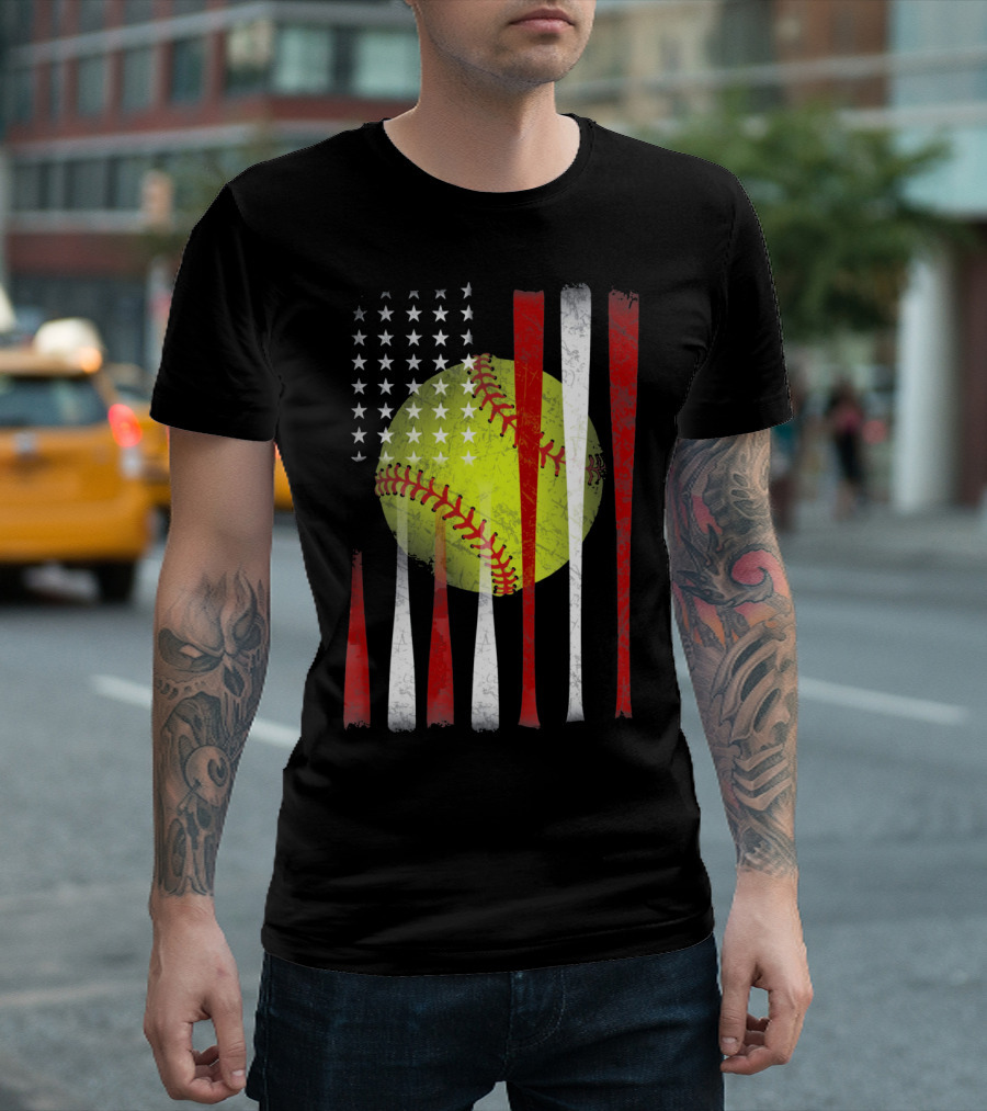 American Flag Vintage Softball Bats Stars Baseball T-Shirt