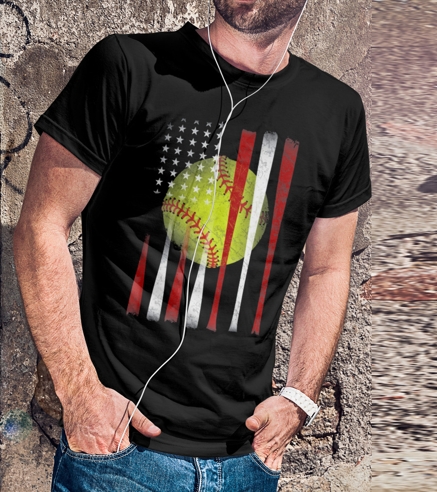 American Flag Vintage Softball Bats Stars Baseball T-Shirt