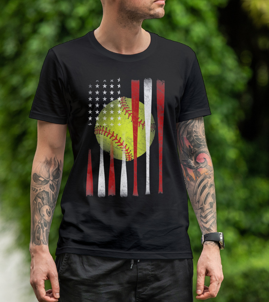 American Flag Vintage Softball Bats Stars Baseball T-Shirt