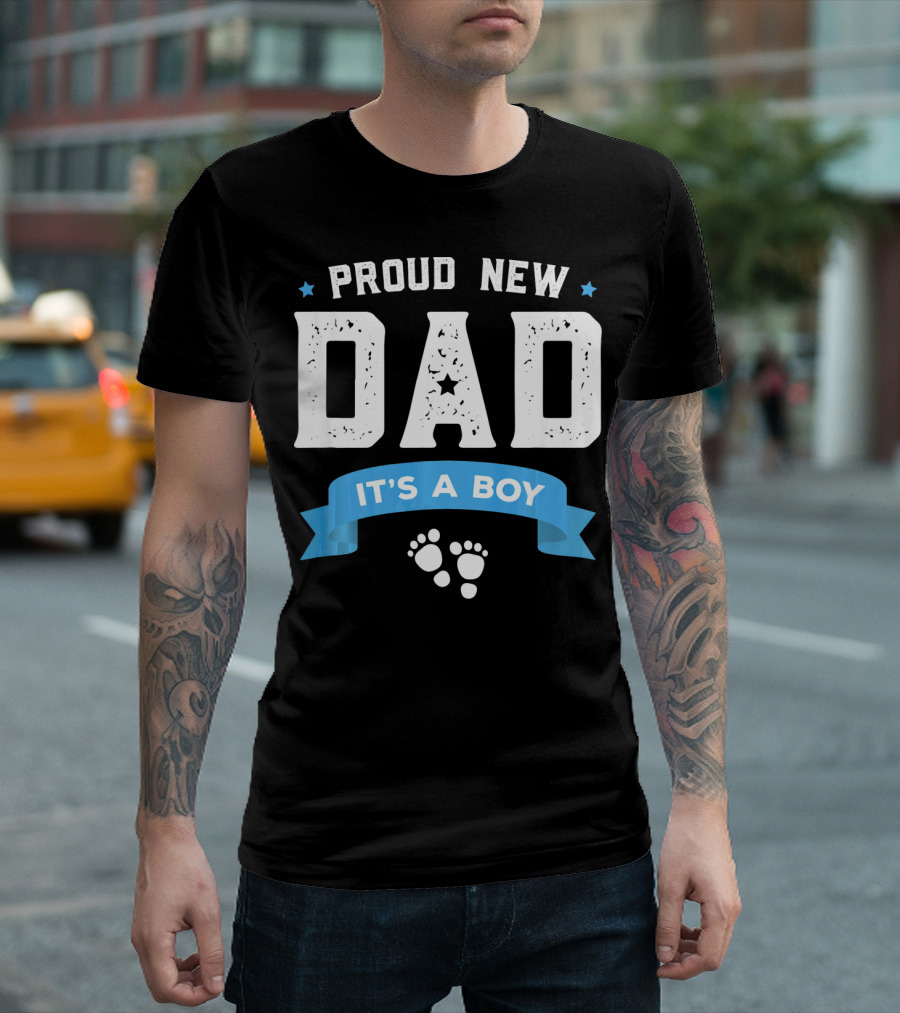 Proud New Dad It's a Boy with Baby Footprints and Stars T-Shirt