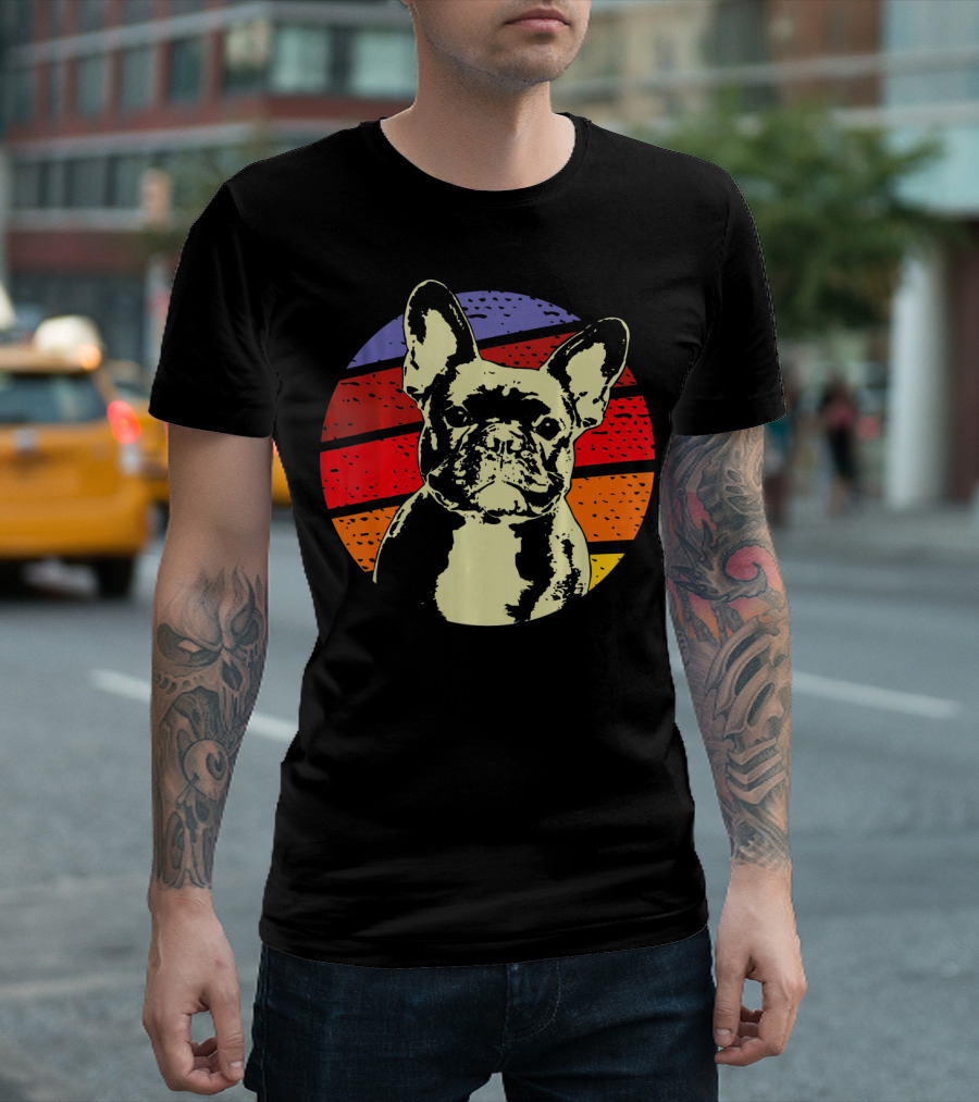 Vintage French Bulldog Dad Retro Colorful Stripes T-Shirt