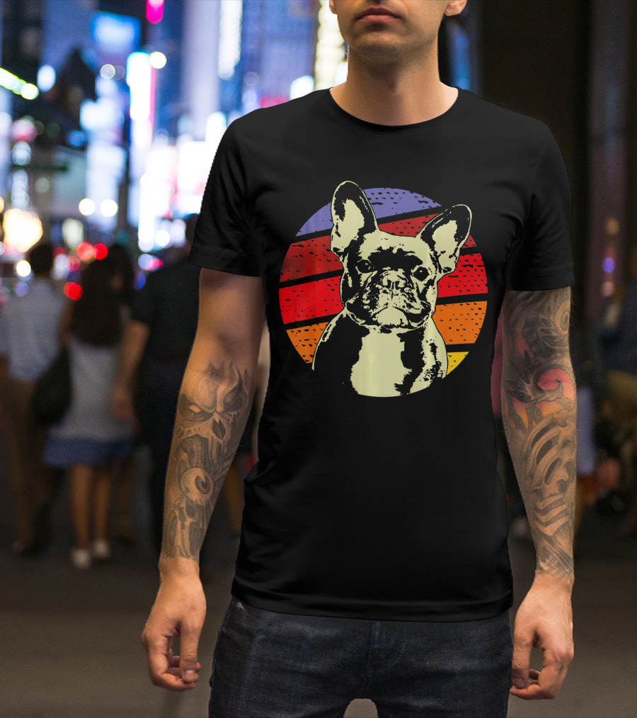 Vintage French Bulldog Dad Retro Colorful Stripes T-Shirt