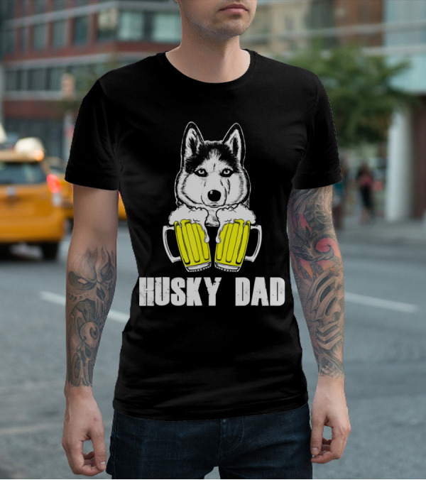 Husky Dad Funny Beer Day With Yellow Beer Mugs T-Shirt