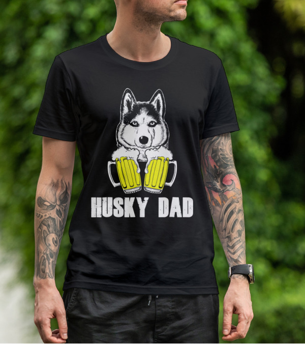 Husky Dad Funny Beer Day With Yellow Beer Mugs T-Shirt