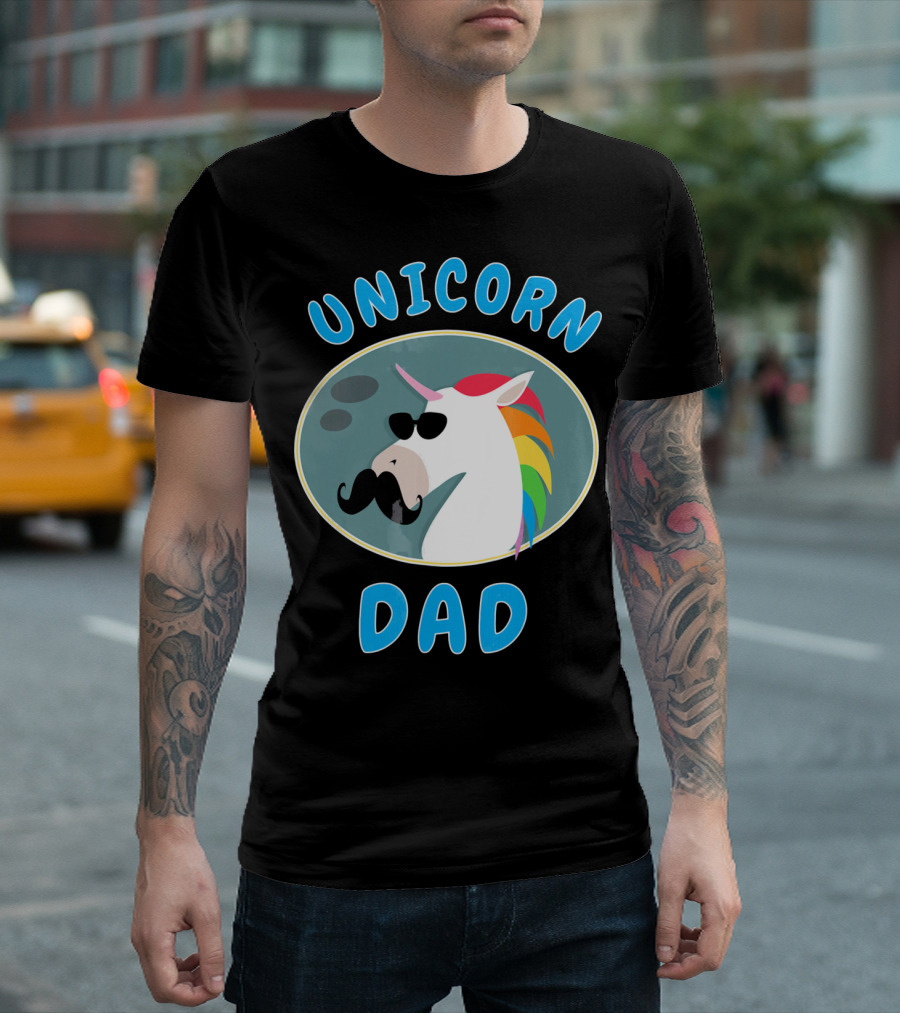 Unicorn Dad Funny Father Rainbow Mustache Sunglasses T-Shirt