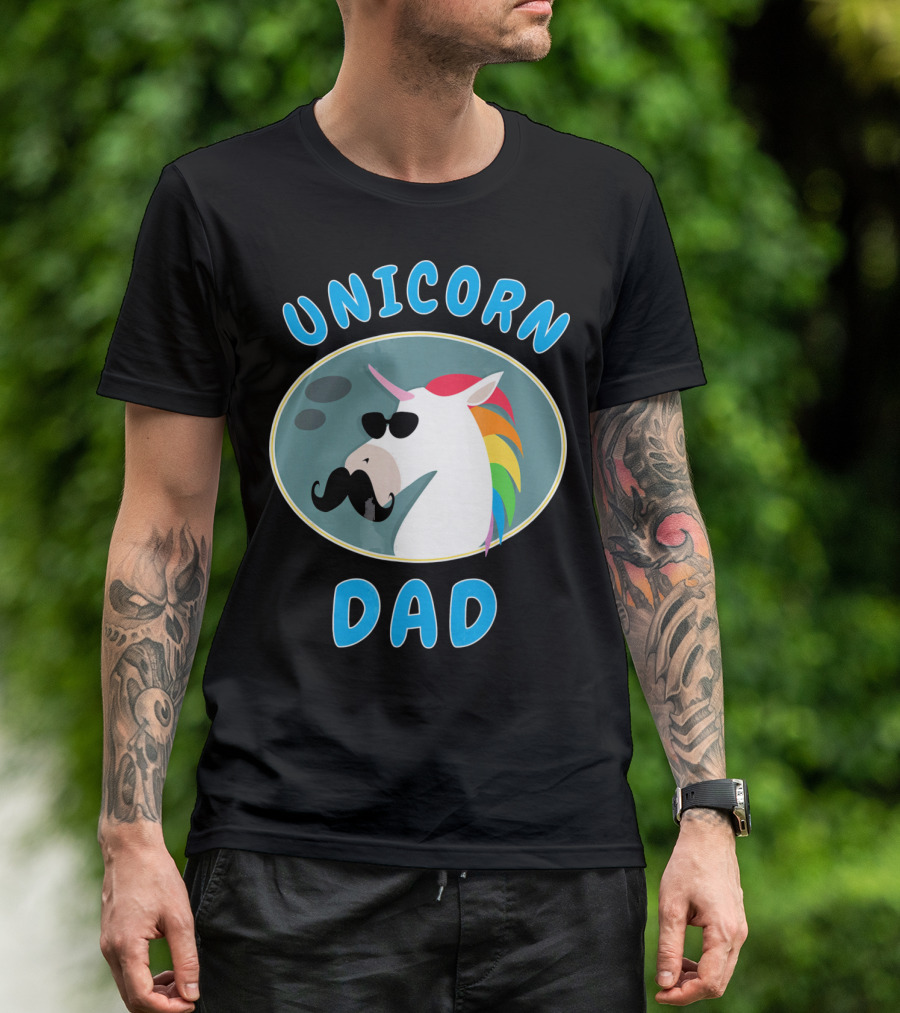 Unicorn Dad Funny Father Rainbow Mustache Sunglasses T-Shirt