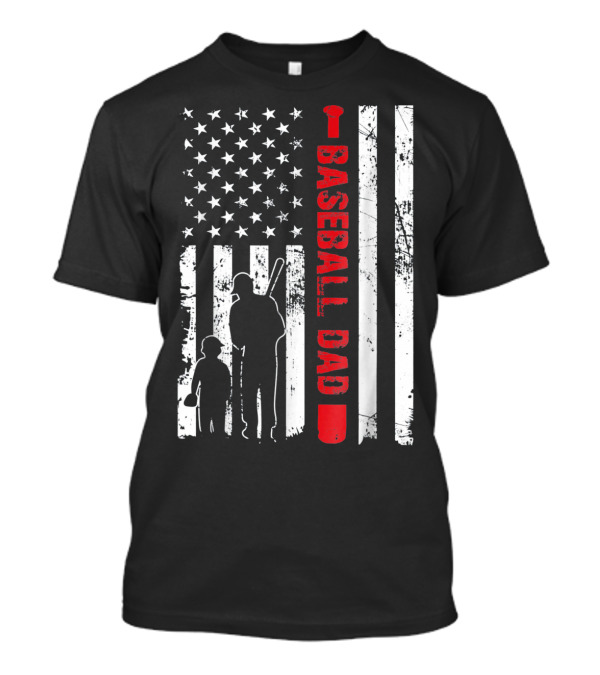 Mens Proud Baseball Dad American Flag Vertical Silhouette And Stars T-Shirt