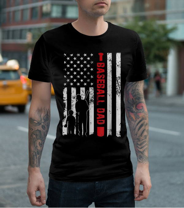 Mens Proud Baseball Dad American Flag Vertical Silhouette And Stars T-Shirt
