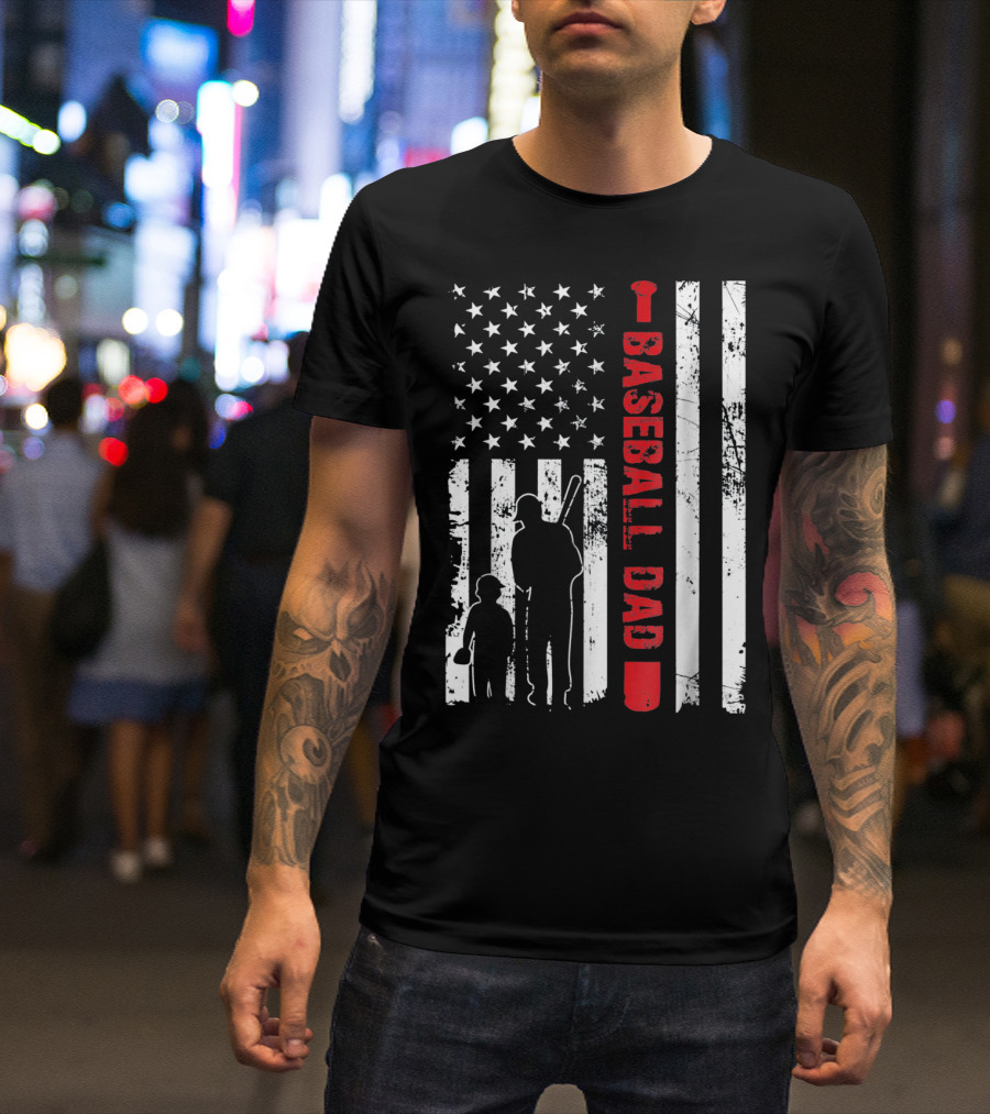 Mens Proud Baseball Dad American Flag Vertical Silhouette And Stars T-Shirt