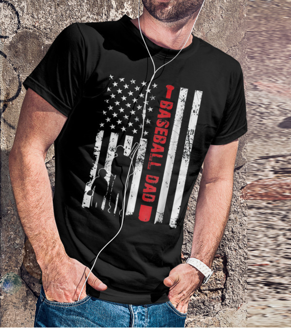Mens Proud Baseball Dad American Flag Vertical Silhouette And Stars T-Shirt